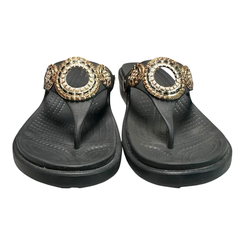Crocs Sanrah Diamante Wedge Flip Flop Sandals Womens 7 Black Thongs Slip On - Picture 2 of 12